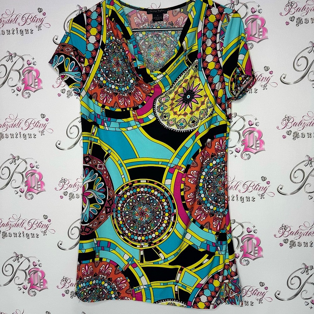 Sunny Taylor dress psychedelic bright groovy paisley circles boho print scoop